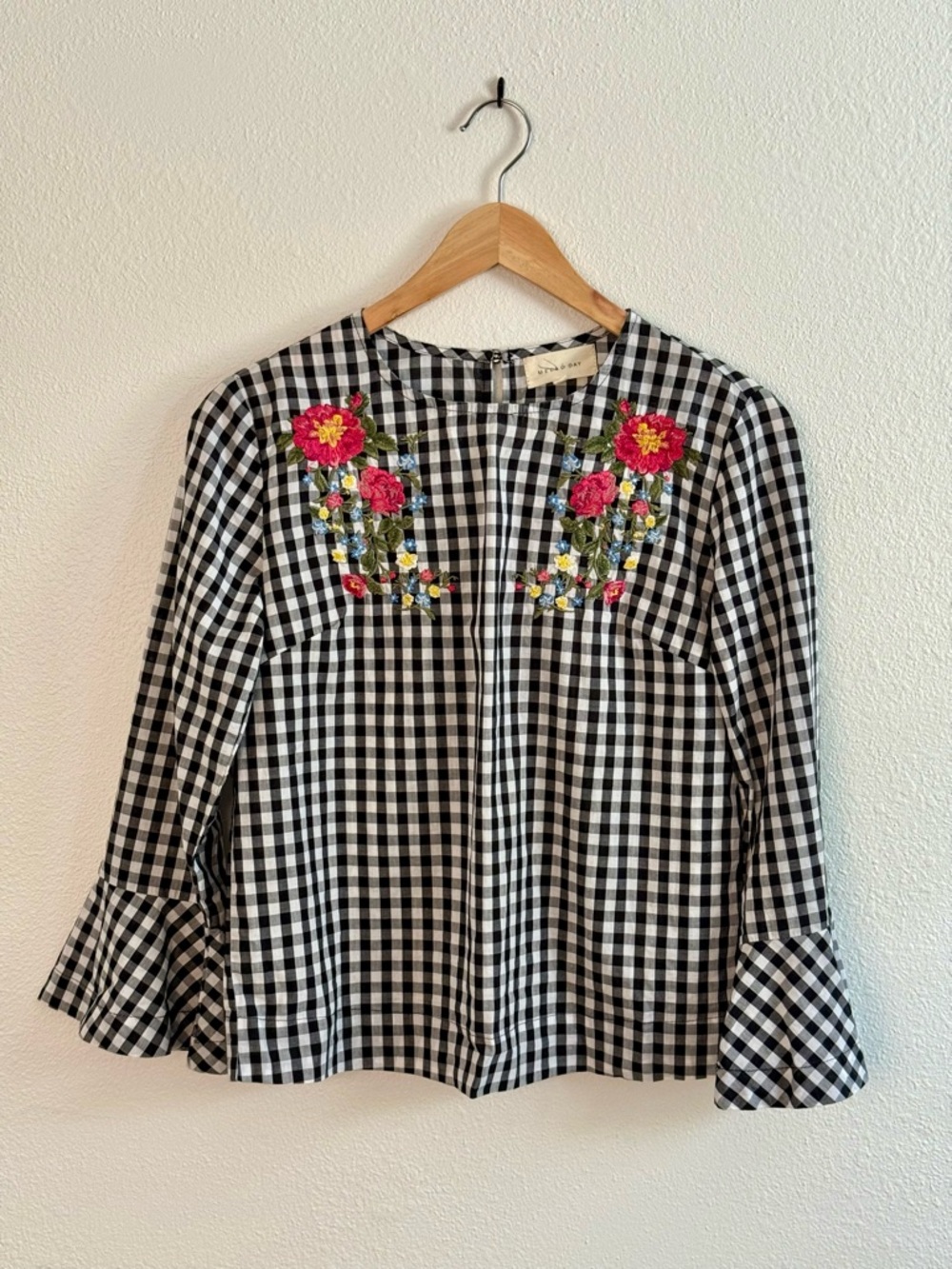 Anthropologie Gingham Embroidered Top